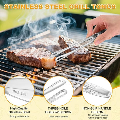 M METERXITY 2-Pack Extra Long Grill Tongs, 11 Inch Non-Slip 304 Stainless Steel Locking Tongs for Cooking/Buffet/Outdoor Barbecue, Korean BBQ Tweezers Metal Clamp Tool [Silver Tone]