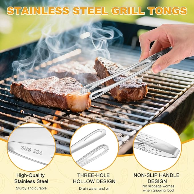 M METERXITY 2-Pack Extra Long Grill Tongs, 9.4/11 Inch Non-Slip 304 Stainless Steel Locking Tongs for Cooking/Buffet/Outdoor Barbecue, Korean BBQ Tweezers Metal Clamp Tool [Silver Tone]