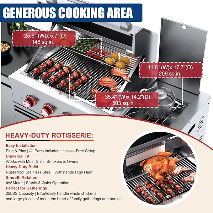 Outdoor Kitchen Island, BBQ Gas Grill, 6-Burner Propane Gas Grill with Rear & Side Burner, 75,300 BTU Stainless Steel Barbecue Grill with Sink & Granite Countertops for Patio Backyard (Silver-84.9")