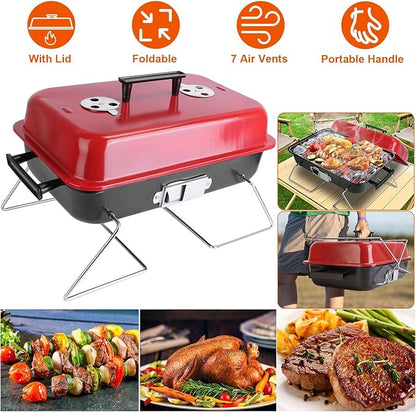 Portable Charcoal Grill, Foldable Small Barbeque Grill with Lid, 19" Rectangular Lightweight Compact Tabletop BBQ Grill Set for Camping Backyard Cooking and Picnic