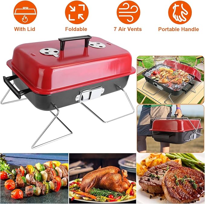 Portable Barbecue Charcoal Grill Small Tabletop BBQ Grill Folding Grill Outdoor Barbecue Smoker with Lid Easy Clean for Garden Picnics Backyard Camping