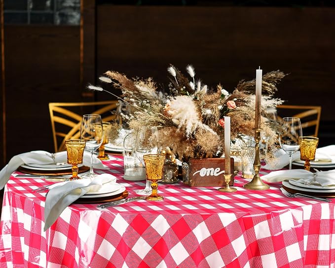 Disposable Checkered Tablecloth Round Plastic Buffalo Plaid Table Cloth 84'' Gingham Tablecover for Picnic Camping BBQ Graduation Party(Red White,12 Pieces)