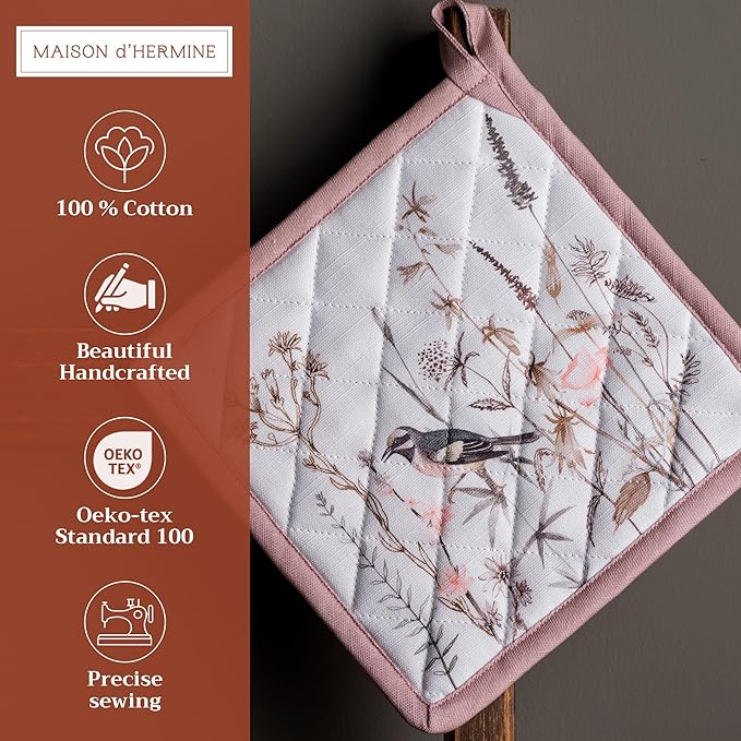 Maison d' Hermine Pot Holders 100% Cotton Heat Resistant Potholders 8" x 8" Hot Pads with Loop Baking Hotel Farmhouse Kitchen Handling Hot Pans Spring Summer (Pack of 2, Meadow Florals - Brown)