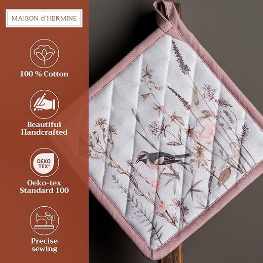 Maison d' Hermine Pot Holders 100% Cotton Heat Resistant Potholders 8" x 8" Hot Pads with Loop BBQ Baking Hotel Farmhouse Kitchen Handling Hot Pans Spring Summer (Pack of 1, Meadow Florals - Brown)