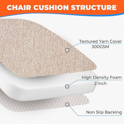 Sunsleek Chair Cushions for Dining Chairs, D-Shaped Seat Cushions with Removable Washable Cover and Ties, Chair Pads for Kitchen, Indoor Dining Room, Patio Chairs, 17'' x 16'', Set of 4, Khaki
