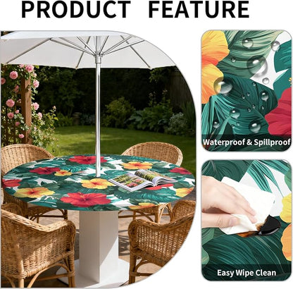 Outdoor Tablecloth with Umbrella Hole and Zipper Fits 37-44" Tables | Waterproof Round Fitted Tablecloth with Elastic Edge, Wipeable Outdoor Table Cover for Patio, Garden, Picnic
