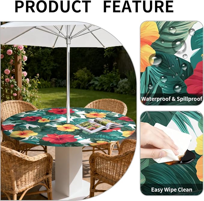 Outdoor Tablecloth with Umbrella Hole and Zipper Fits 53-60" Tables | Waterproof Round Fitted Tablecloth with Elastic Edge, Wipeable Outdoor Table Cover for Patio, Garden, Picnic