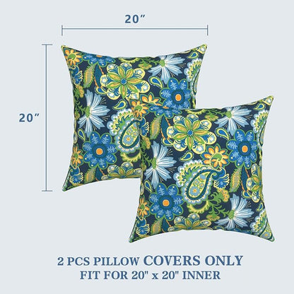 LVTXIII Outdoor Pillow Covers 20x20 Inch, 2 Pack Large Square Throw Pillow Cases, Fade-Resistant Cushion Covers for Patio Furniture Sofa, Garden Porch, Bohemian Azure