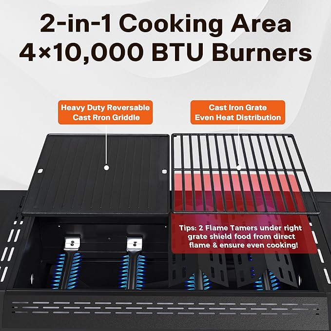 4 Burner Propane Gas Grill with 1 Side Burner, 50,000 BTU Outdoor BBQ Grill, Heavy-Duty Steel Construction, Cast Iron Cooking Grates & Griddle, Backyard Patio Barbecue