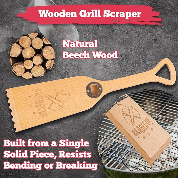 Wood Grill Scraper with Bottle Opener, 15.75" Heavy-Duty Wooden Grill Scraper for Outdoor Grill - One-Piece Solid Beech Wood, Bristle-Free - Natural Wood Grill Grate Brush Cleaner for BBQ