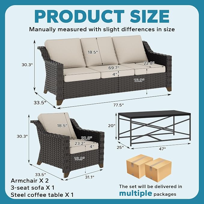 4 Piece Patio Furniture Set, Wicker Outdoor Conversation Set | Patio Chair Set with Olefin Removable Cushion, All-Weather Outdoor Couch with Deep Seat for Porch, Deck and Backyard, Beige