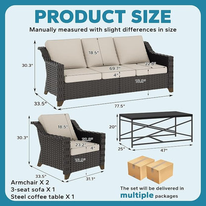 4 Piece Patio Furniture Set, Wicker Outdoor Conversation Set | Patio Chair Set with Olefin Removable Cushion, All-Weather Outdoor Couch with Deep Seat for Porch, Deck and Backyard, Beige