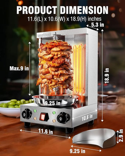 WantJoin Shawarma Grill Machine - 22 LBS Capacity Electric Shawarma Machine w/ 2 Burners, 122°F to 572°F Temp For Chicken, Beef, Gyro Meat, Stainless Steel Gyro Machine For Commercial Use, 2520W