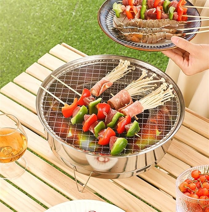 BBQ Grill Barbeque Grill Stainless Steel BBQ Charcoal Grill Desktop Disposable Barbecue Grill for Outdoor Barbeque Grill Camping (Silver 28 * 10.7cm)