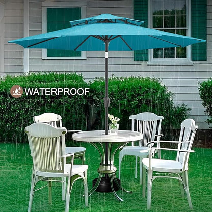FLAME&SHADE 9ft Patio Umbrella - 2 Tiers Outdoor Umbrella with Push Button Tilt and Crank for UV Protection, Table Market Umbrella for Garden, Deck, Backyard, Pool and Beach(Aqua Blue)
