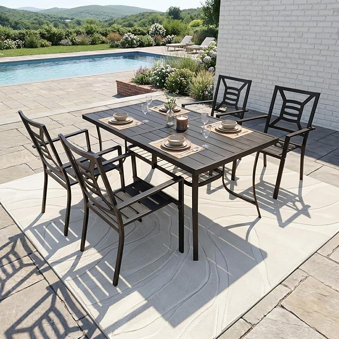 5 Piece Outdoor Patio Dining Sets, 60" Rectangular Metal Dining Table with Umbrella Hole & 4 Stackable Metal Chairs, Weather Resistant Garden Furniture Set for Backyard, Deck, Porch