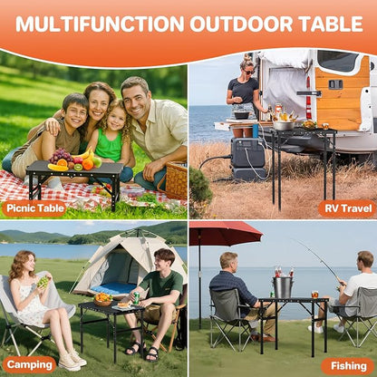 FUNYKICH 2ft Aluminum Folding Camping Table, 3 Height Adjustable Max 29.4" | 23.6''x15.7'' Tabletop, Ultralight Portable Design with Carry Handle for Car Travel, Camping, Backyard, Beach & Picnic, Balck