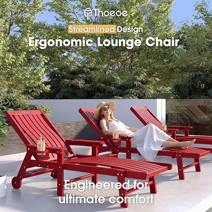THOEOE Patio Chaise Lounge Chair, Oversized Lounge Chair Outdoor with 5 Positions, 78″ Long, HDPE, Patio Lounge Chair with Wheels & Cup Holder for Pool, Deck, Poolside,Red
