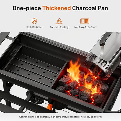 KEYO GRILL 29-Inch Barrel Charcoal Grill, Heavy duty BBQ Grill with Manual Rotisserie Meat Fork, Detachable Windproof Ash Collector Barbecue Smoker Grill Combo for Backyard, Patio and Parties ﻿