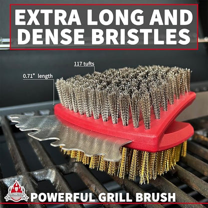 GRILLGEN Dual Sided Grill Brush and Scraper - 16.5" Heavy Duty 117-Hole Planted BBQ Cleaner with Brass & Stainless Steel Bristles - Safe for All Grates: Porcelain, Cast Iron and Steel
