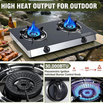 BESTFIRE 2-Burner Propane Gas Cooktop, 30,000 BTU Portable Tempered Glass Stove with Auto-Ignition, CSA Certified Regulator & Hose, Double Burner Stove for Camping, RV & Patio