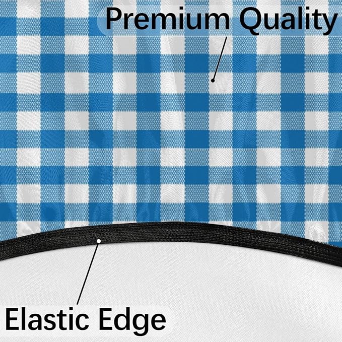 Fitted Round Tablecloth with Umbrella Hole and Zipper Buffalo Plaid Outdoor Elastic Table Cloth 36"-44" Oil-Proof Waterproof Moroccan Patio Table Cover for Dining Picnic Party, Blue and White