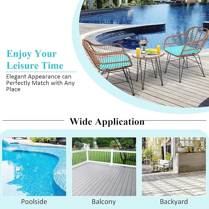 Tangkula 3 Pieces Patio Conversation Bistro Set, Outdoor Wicker Furniture w/Round Tempered Glass Top Table & 2 Rattan Armchairs, Bistro Chat Set w/Seat Cushions for Porch, Backyard, Garden
