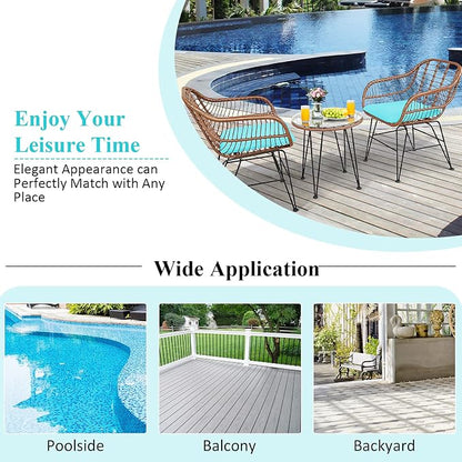 Tangkula 3 Pieces Patio Conversation Bistro Set, Outdoor Wicker Furniture w/Round Tempered Glass Top Table & 2 Rattan Armchairs, Bistro Chat Set w/Seat Cushions for Porch, Backyard, Garden
