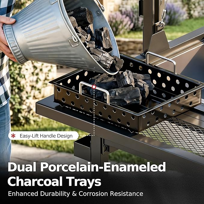 MFSTUDIO Santa Maria Grill, Charcoal & Wood BBQ Grill with Adjustable Height & Dual Porcelain-Enameled Charcoal Trays, Large Outdoor Open Fire Grill for Backyard, 666 SQ.IN. Cooking Area