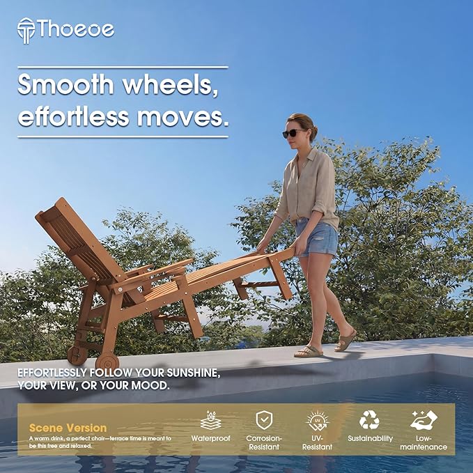 THOEOE Patio Chaise Lounge Chair, Lounge Chair Outdoor with 5 Positions, HDPE, Patio Lounge Chair with Wheels & Cup Holder for Pool, Deck, Poolside,Wood
