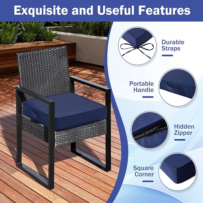 IASEAHK Patio Chair Cushions, 19" x 19" x 3" Outdoor Chair Cushions Set of 4, Waterproof Outdoor Cushions for Patio Furniture, Outdoors Seat Cushions with Handle and Ties, Navy Blue