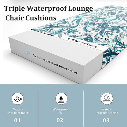 Chaise Lounge Cushions Outdoor Set of 2 Lounge Chair Cushion 72" L x 21" W with Headrest Straps 3'' Thick Waterproof Patio Chaise Cushions Pool Lounger Chair Cushion(Leaves & Flowers)