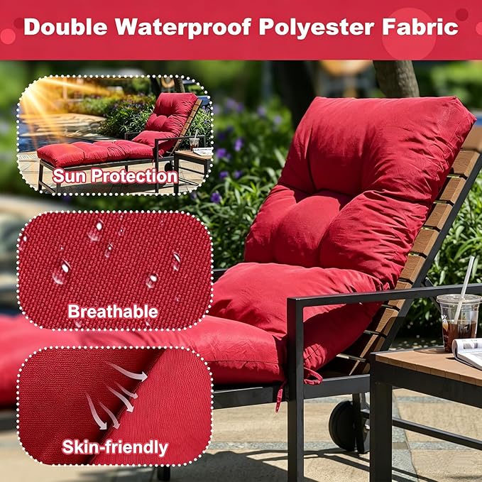 Outdoor Lounge Chair Cushions, 74.4 x 22 x 4.7 Inches Waterproof Fade Resistant Patio Cushion for Chaise Lounger(Red)