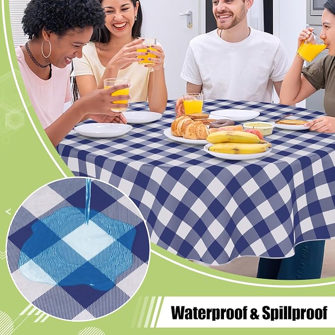 Smiry Oval Table Cloth, Vinyl Tablecloths with Flannel Backing, 60"x84" | Waterproof Picnic Table Cloth, Wipeable Buffalo Plaid Table Cover for Indoor and Outdoor (Navy & White)