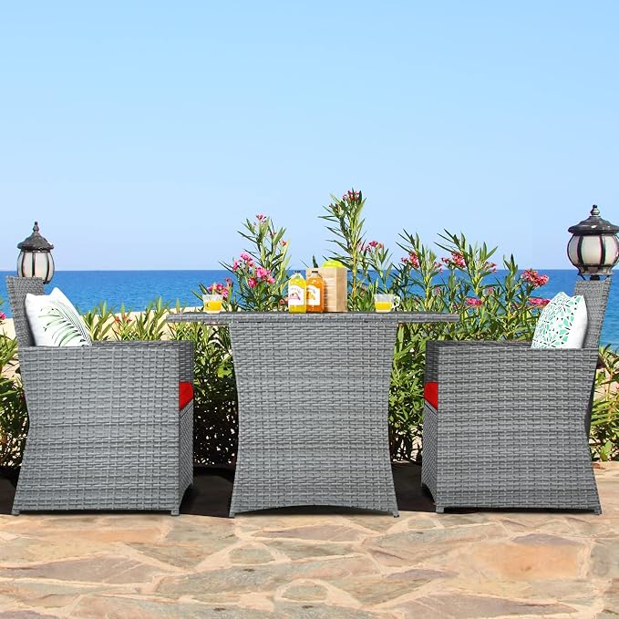 RELAX4LIFE 3-Piece Outdoor Furniture Set - All-Weather Wicker Rattan Patio Dining Set w/Tempered Glass Coffee Table & Cushions, Modern Bistro Conversation Set for Yard Balcony (Red)
