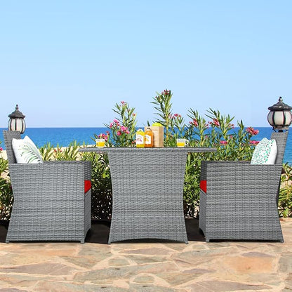 RELAX4LIFE 3-Piece Outdoor Furniture Set - All-Weather Wicker Rattan Patio Dining Set w/Tempered Glass Coffee Table & Cushions, Modern Bistro Conversation Set for Yard Balcony (Red)