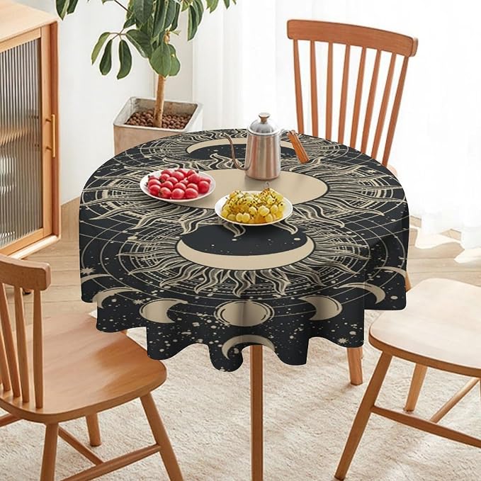Vintage Tarot Round Tablecloth Boho Mystical Astrologer Zodiac Full Moon Phases Star Galaxy Space Table Cloth Water Resistant Wipeable Table Cover for Picnic Party Holiday Kitchen Dinner Table 50"