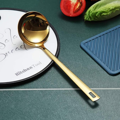 Gold Ladle, Berglander Stainless Steel Kitchen Ladle With Titainium Gold Plating, Soup Ladle, Cooking Ladle, Metal Soup Spoon For Cooking, Dishwasher Safe, Easy to Clean