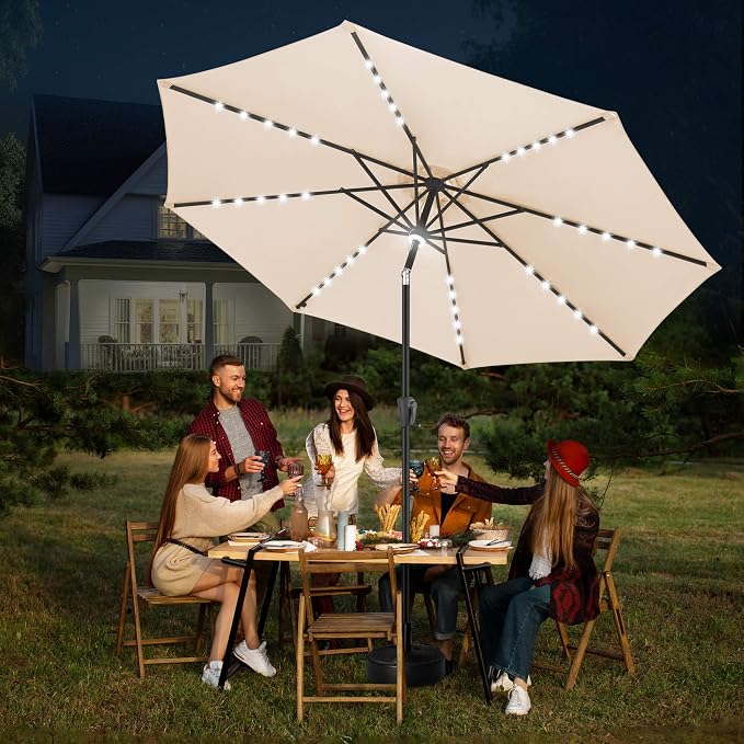 FLAME&SHADE Solar Patio Umbrella with Centre Light, 10 FT Beige | UV Protection, Small Solar Outdoor Umbrella for Porch, Deck, Backyard, Garden, Provides Evening Lighting, 40 LED Lights