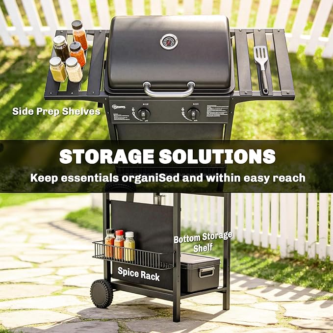 Outsunny 2 Burner Propane Gas Grill, 18000 BTU BBQ Grill with Wheels, Warming Rack, Side Tables, Shelf, Thermometer, Grease Cup, Outdoor Barbeque for Outdoor Backyard Patio, Black