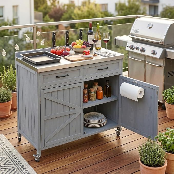 JIVOIT 39.4" Outdoor Kitchen Island with Stainless Table Top, Solid Fir Wood Storage Kitchen Cabinet with Drawer, Adjustable Shelves, Internal Storage Racks & 4 Wheels, Two Doors (Grey Blue/9)