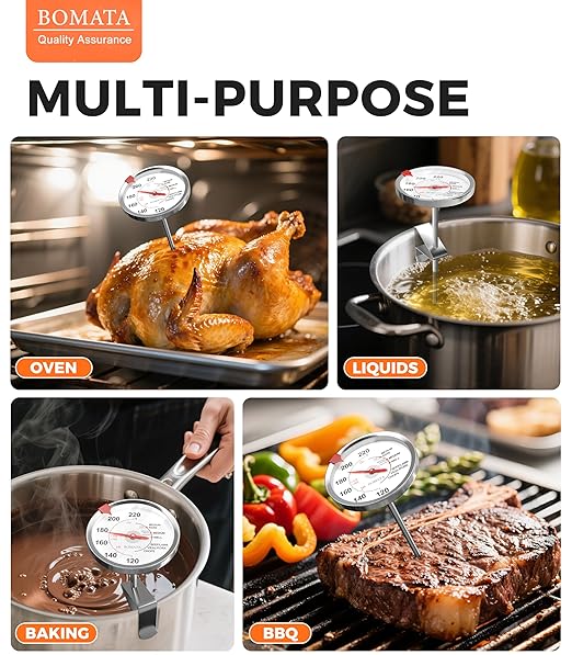 BOMATA Stainless Steel Meat Thermometer Oven Safe, Leave in Probe Food Thermometer with 2.5-in Extra-Large Dial, IPX8 Waterproof, NSF Certified, for Cooking, Steak, Chicken, Turkey, Beef, Pork, Lamb