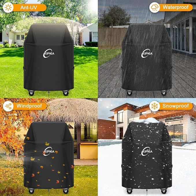 Kipiea 600D Heavy Duty Gas Grill Cover for Weber Spirit E-210/E-215, 32-Inch Waterproof BBQ Cover with Windproof Buckles – Not Compatible with Spirit II E-210, Both Side Tables Must Be Folded
