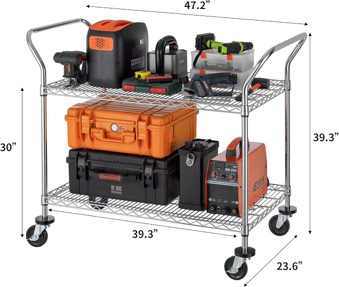 Finnhomy 2 Tier Commercial Grade Rolling Cart, Heavy Duty Utility Cart, Carts with Wheels and Handles, Kitchen Carts on Wheels, Metal Cart with 600 lbs Capacity, Shelf Size 23.6"Dx47.2"W x 39.4"H, NSF
