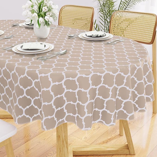 Smiry Oval Table Cloth, Waterproof Vinyl Tablecloths with Flannel Backing for Oval Tables, Wipeable Spillproof Plastic Tablecloth for Dining, Camping, Indoor and Outdoor (60"x84", Khaki)