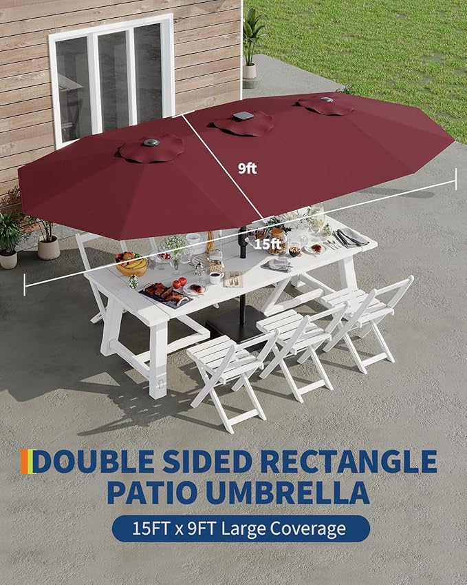 GarveeLife 15 ft Large Patio Umbrella with Lights, 36 LED Lights Double-sided Patio Umbrella with Weighted Base for Poolside Garden Backyard