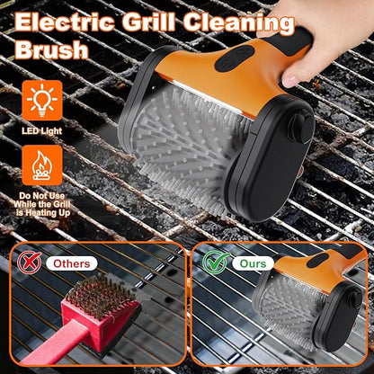 2-in-1 Upgraded Electric Grill Brush and Polisher – 1000 RPM High-Torque Motor, 2600mAh Battery, LED Light – Bristle-Free BBQ Cleaner for Gas, Charcoal & Pellet Grills (Orange)