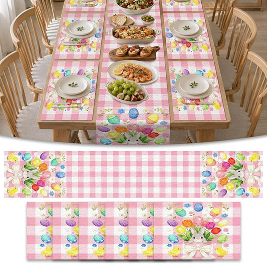 Nuxovilar Tablerunner and Placemats Set of 7 Pink Plaid Easter Bunny & Chick Design Linen Square Placemats for Dining Dining Sets and Accessories Family Breakfast, Easter Party, Friend Gatherings