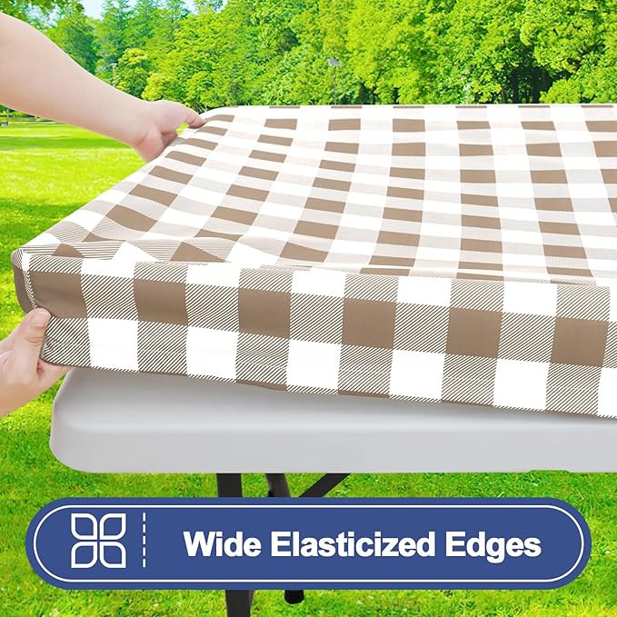 Smiry Picnic Table Cloth 2 Pack, Waterproof Elastic Fitted Tablecloths for 5FT Rectangle Tables, Washable Polyester Buffalo Plaid Tablecloth for Camping, Dining & Outdoor (Khaki & White, 30" x 60")