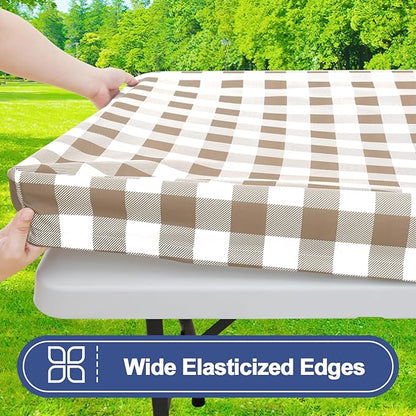 Smiry Picnic Table Cloth 2 Pack, Waterproof Elastic Fitted Tablecloths for 4FT Rectangle Tables, Washable Polyester Buffalo Plaid Tablecloth for Camping, Dining & Outdoor (Khaki & White, 30" x 48")